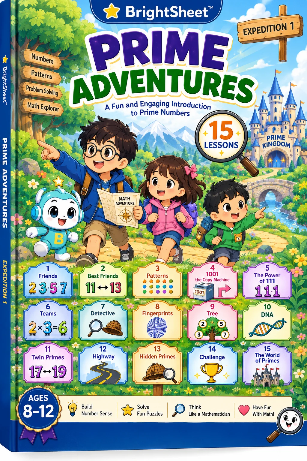 Official Prime Adventures book cover showing the three young explorers, Bright Bro, and fifteen lessons