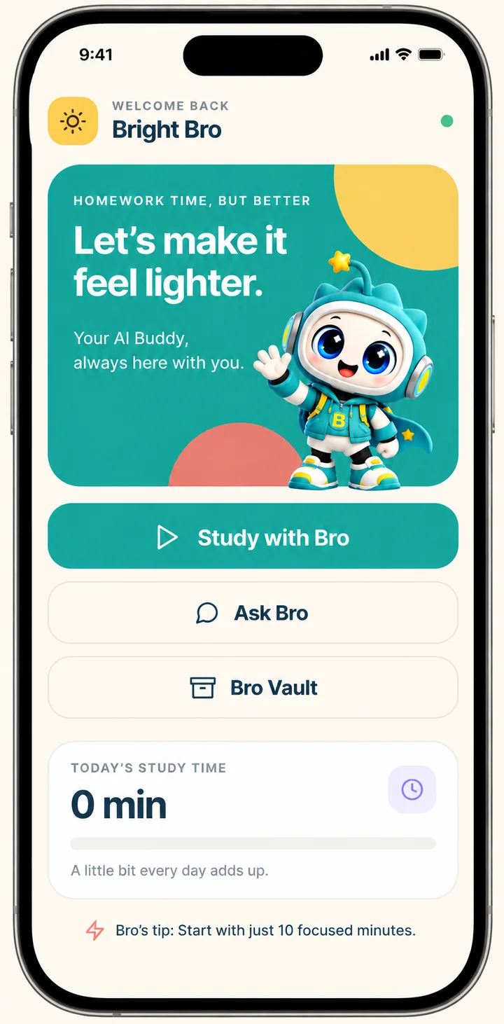 Bright Bro app screenshot 1: Meet Bright Bro. Home and study options.