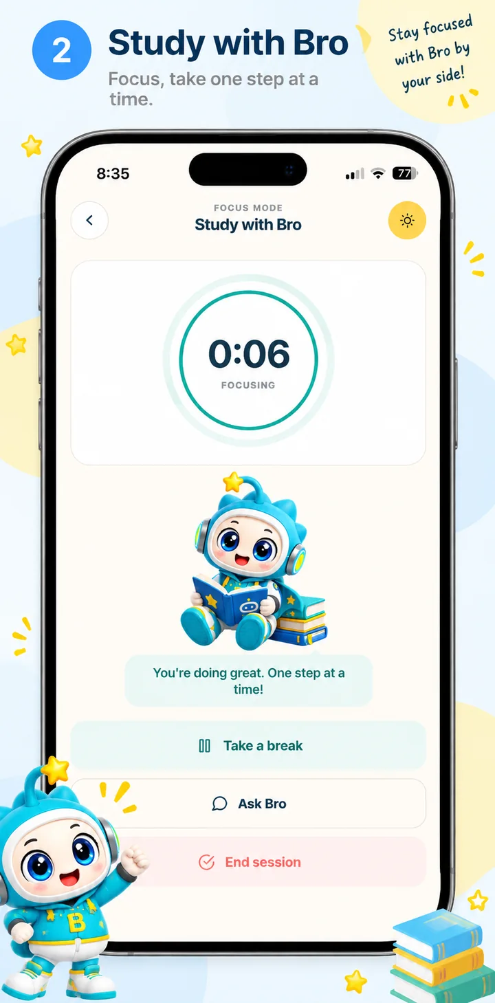 Bright Bro app screenshot 2: Study with Bro. A focused space for learning.