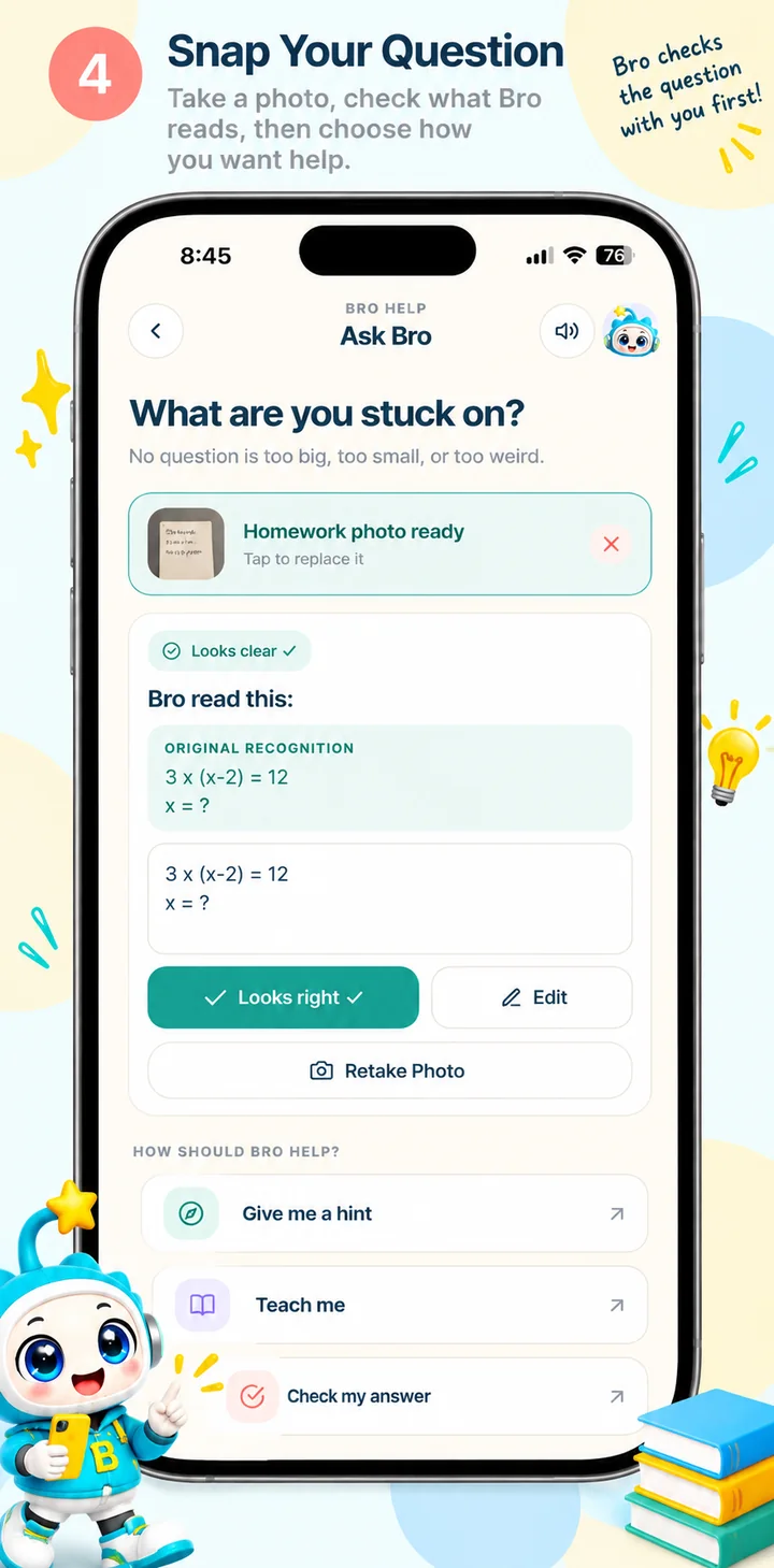 Bright Bro app screenshot 4: Snap Your Question. Check what Bro read from your photo.