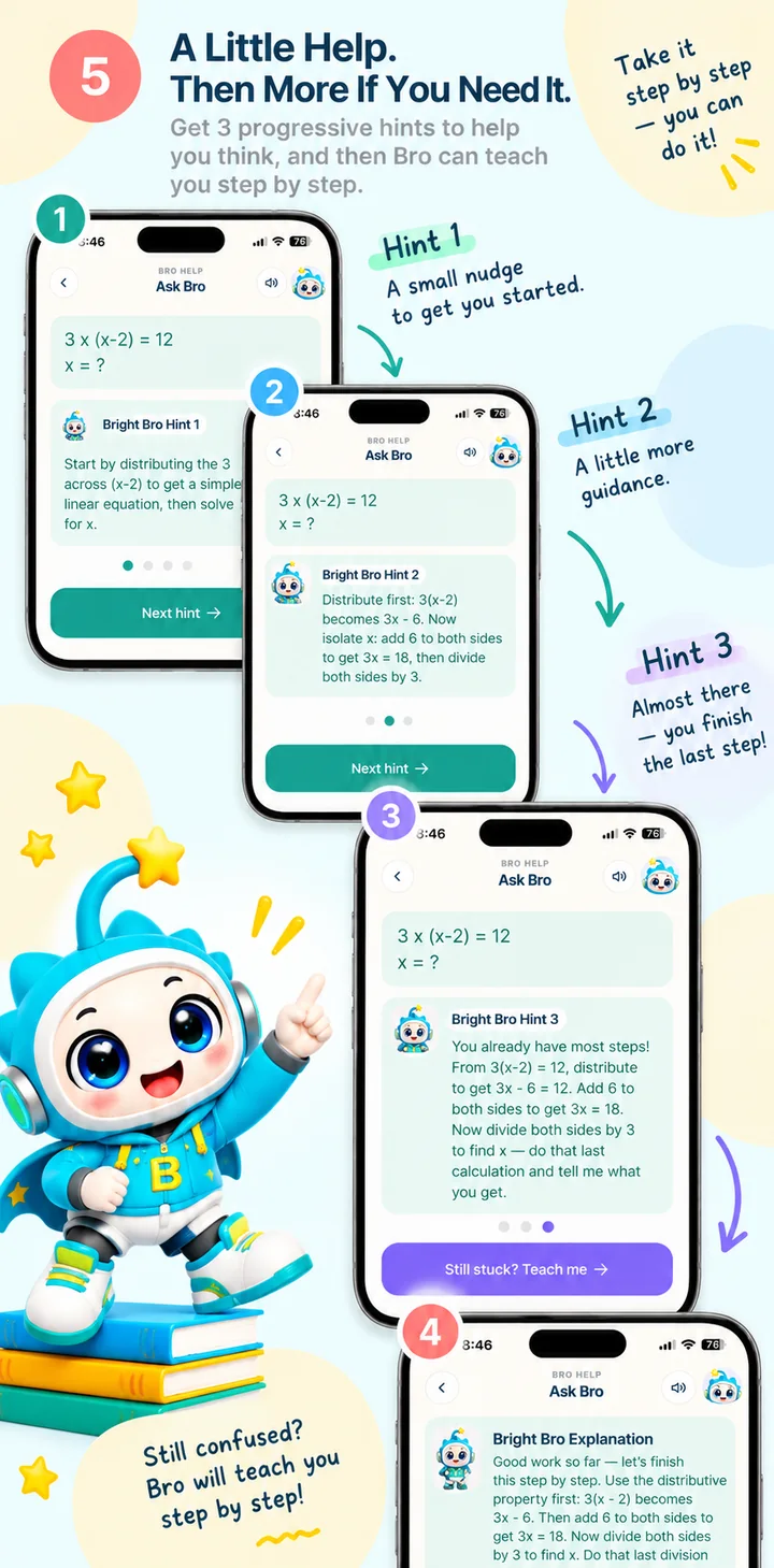 Bright Bro app screenshot 5: Progressive Hints & Teach Me. Three hints, then an explanation.