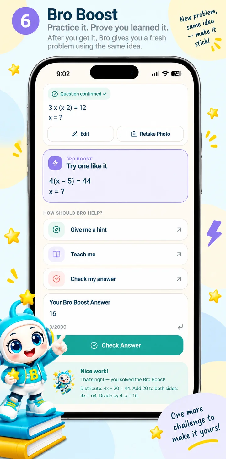 Bright Bro app screenshot 6: Bro Boost. Practice a related problem.