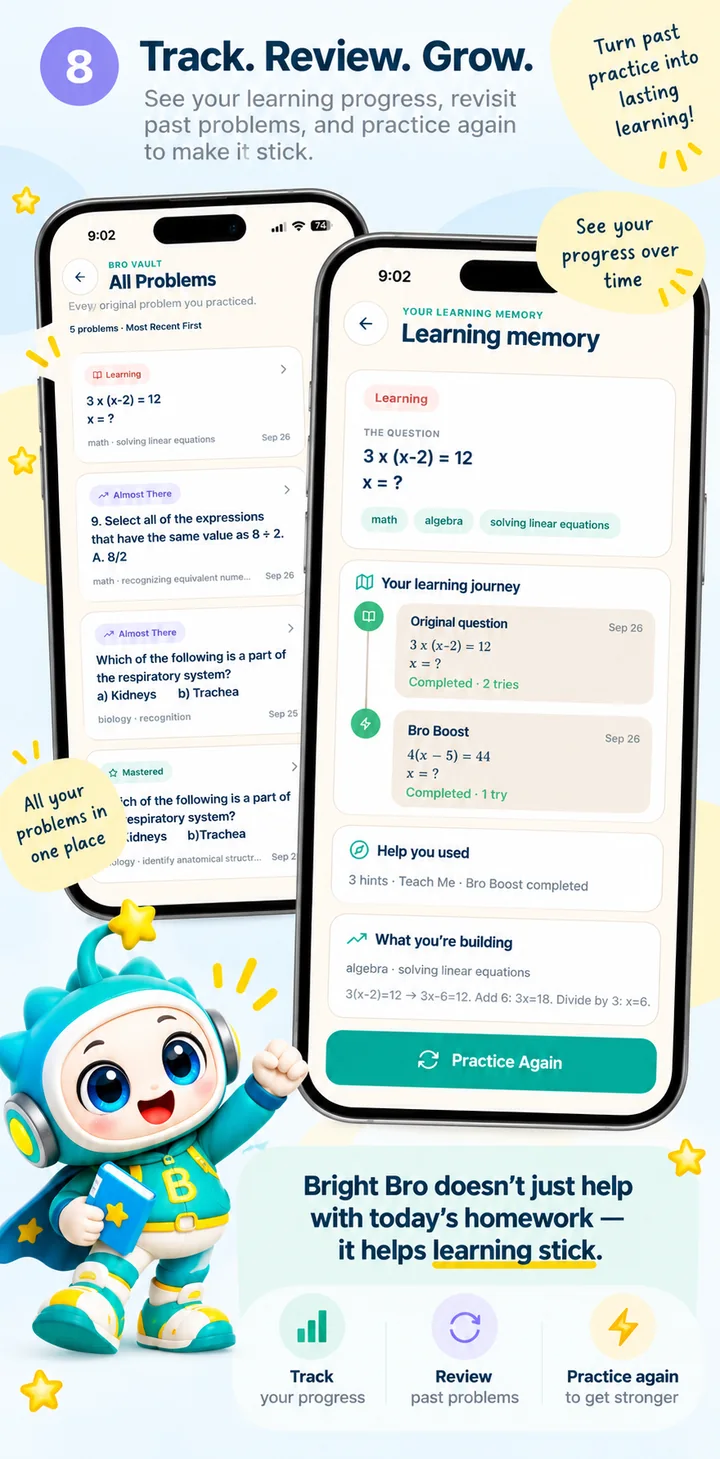Bright Bro app screenshot 8: Learning Memory & Practice Again. Review past work and keep growing.